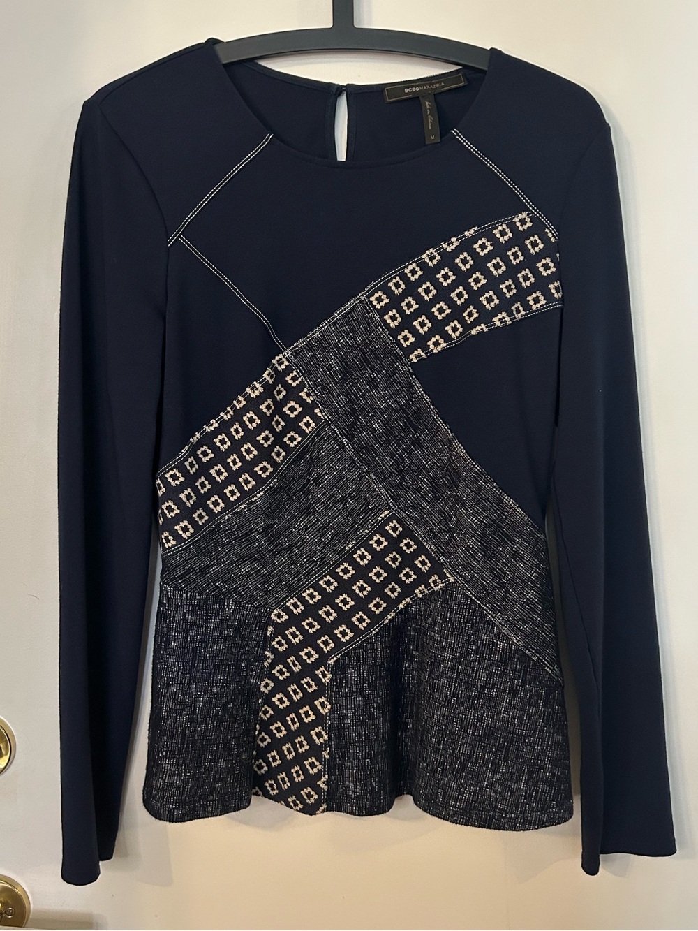BCBGMaxAzria Women’s Dark Navy Maygan Patchwork Long Sleeve Peplum Top Size M